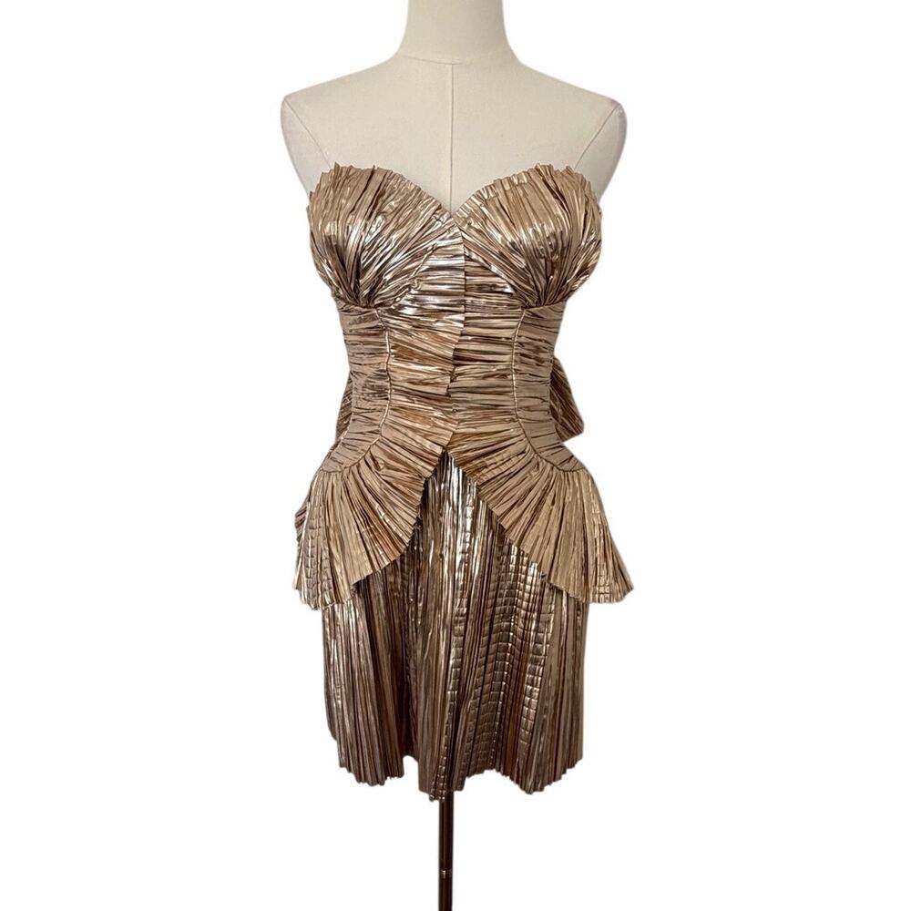 Cult Gaia (4) Charlique Metallic Gold Pleated Strapless Mini Dress Corset Party